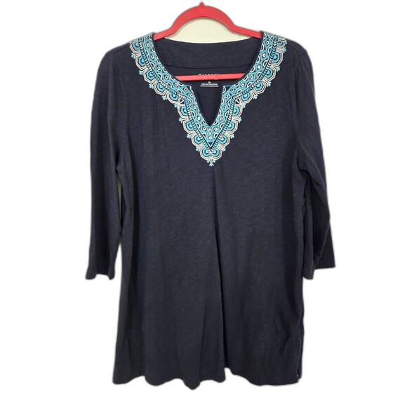 Talbots Petites V-Neck 3/4 Sleeve Cotton Tunic Top Navy w/Aqua Embroidery Sz LP - Picture 1 of 6